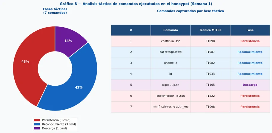 Panel de Grafana con los comandos que ejecutaron los atacantes.